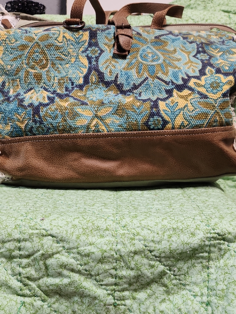 Myra Weekender Bag Turquoise and Brown Floral Tapestry Tote